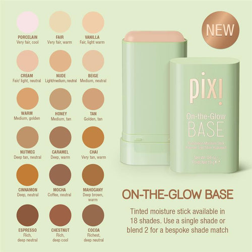 On the Glow Base shades.  On-the-Glow Base shades 18 shades of tinted moisture stick available.  Use a single shade or blend 2 for a bespoke shade match.