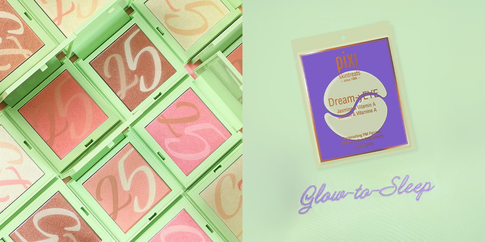 All shades of Glowin' TwentyFive alongside Dream-yEYE Pair and "Glow-to-Sleep" embroidered green pillowcase