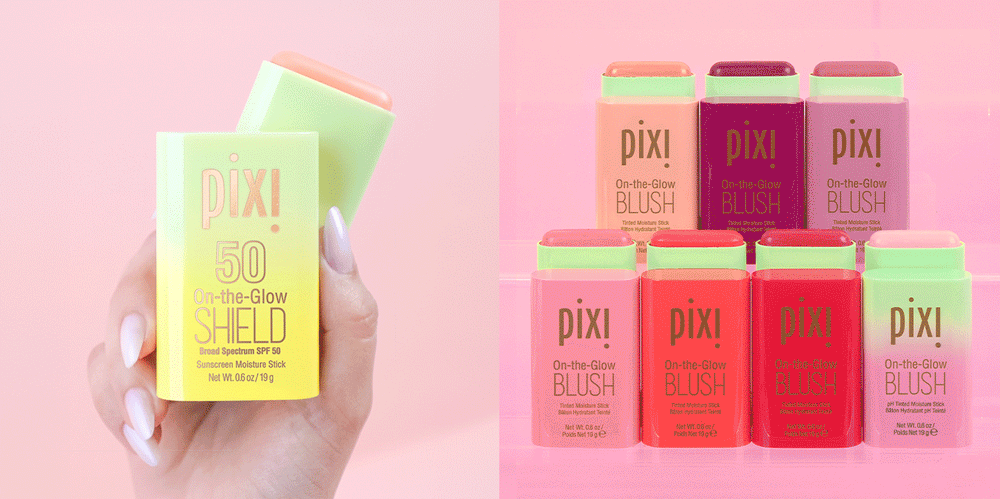 On-the Glow SHIELD SPF 50 held in hand next to collection of On-the-Glow products featuring Base, Blush, Bronze and SuperGlow - view 2