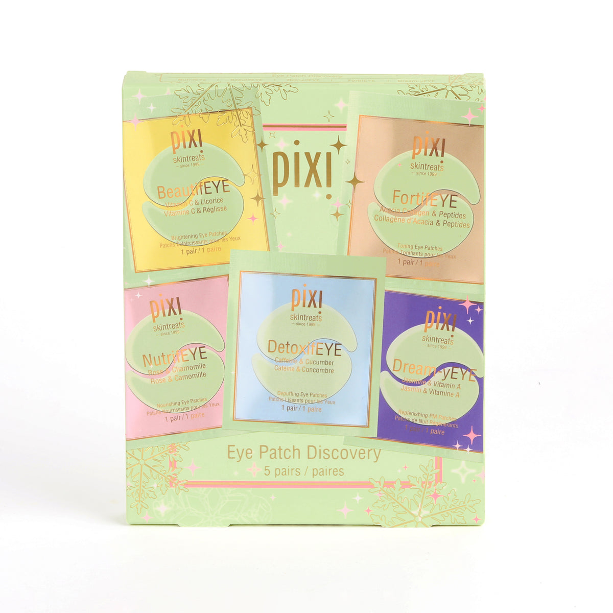 Pixi Beauty Eye Patch Discovery set in a light green gift box, containing five individually wrapped eye patch packets in yellow, peach, pink, blue, and purple.