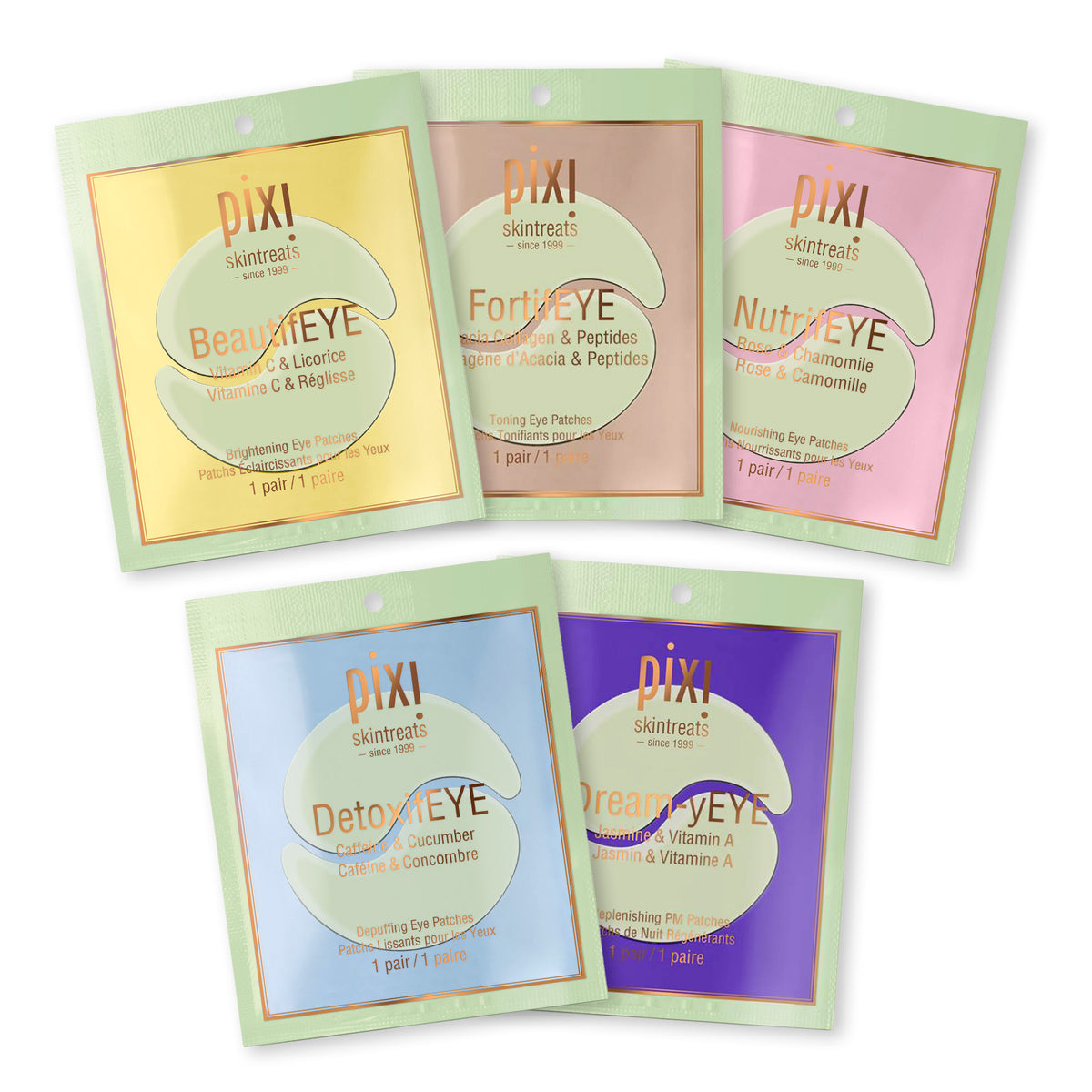 Pixi Skincare eye mask sachets arranged on a white background, including BeautyEYE, FortEYE, NutriEYE, DetoxEYE, and DreamEYE in pastel yellow, peach, pink, blue, and purple packaging.