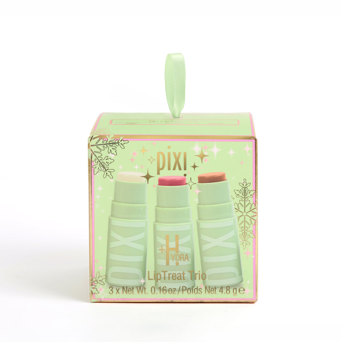 Pixi Hydra LipTreat Trio in a pastel green gift box with a carrying loop handle, showing three lip balm tubes inside.