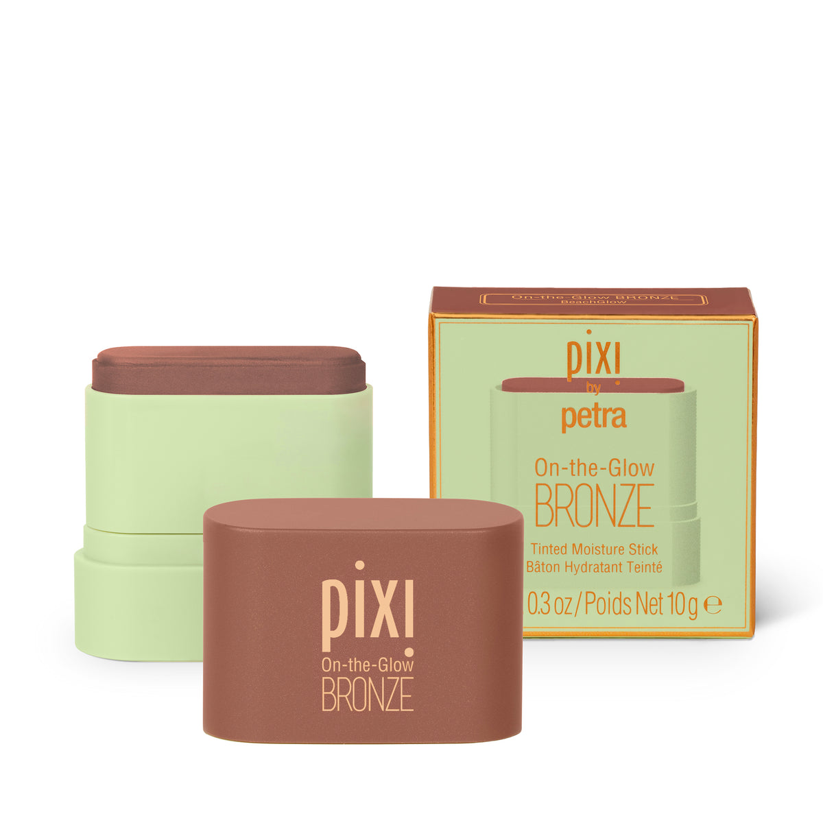Pixi Petra On-the-Glow Bronze tinted moisturizer shown with its brown and pale green stick container, front cap, and retail box on a white background.