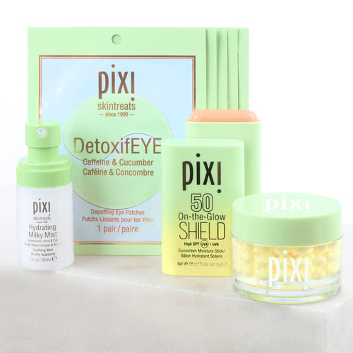 Petra's Travel Glow bundle includes Hydrating Milky Mist, DetoxifEYE Depuffing Eye Patches 5 pair, On-the-Glow SHIELD SPF 50, Vitamin-C CremeSerum on white background. view 1