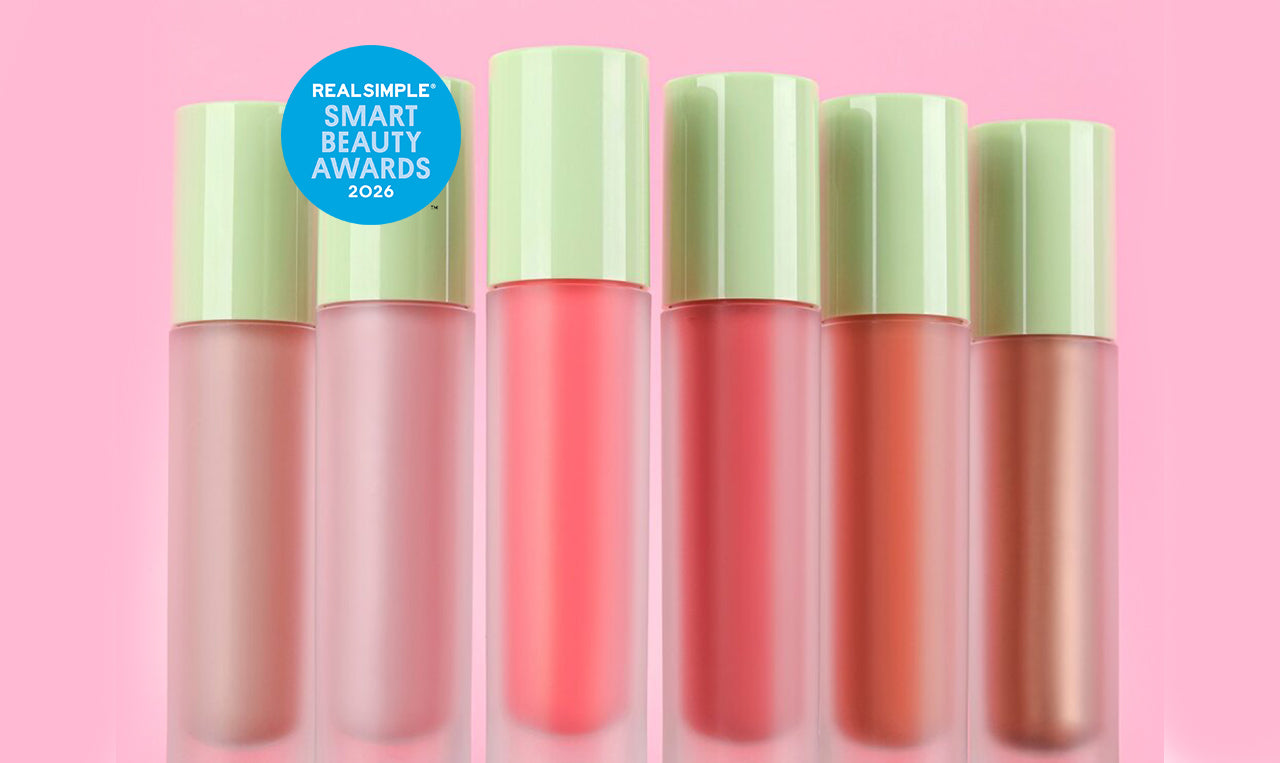 All shades of LiquidGlow Blush shown on a pink background with RealSimple Smart Beauty Awards 2026 sticker
