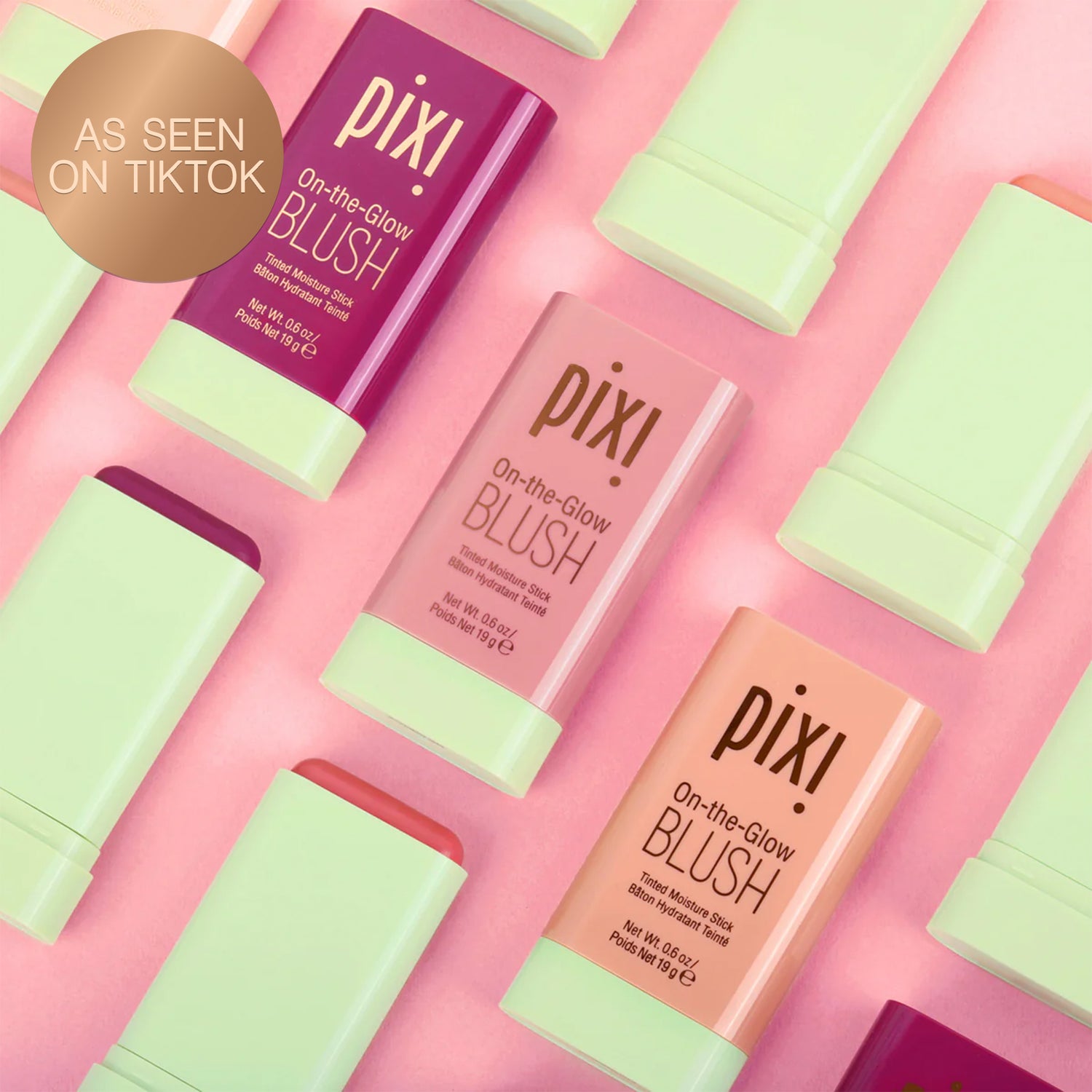 New Shades of On-the-Glow BLUSH on a pink background with As Seen on TikTok sticker