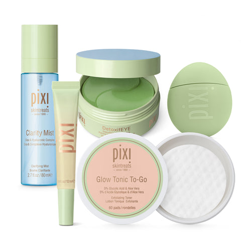 Collection of PIXI skincare products on a white background. Clarity Mist, LipTone, HandHero, DetoxifEYE, Glow Tonic To-Go pads. view 1