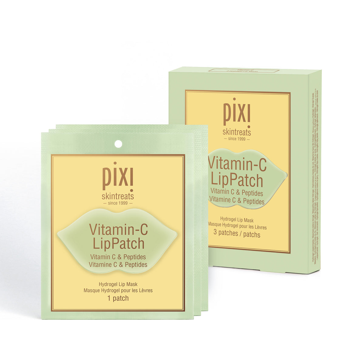 Three pairs of PIXI Vitamin-C LipPatch packaging on a white background
