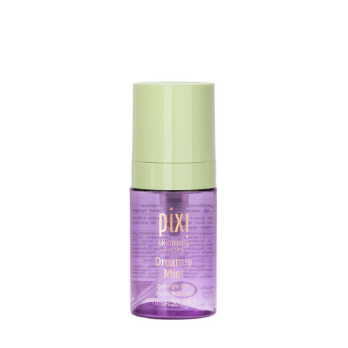 A bottle of Pixi Skintreats Dreamy Mist Overnight mist on a solid white background. The bottle is translucent purple with a light green cap. view 1