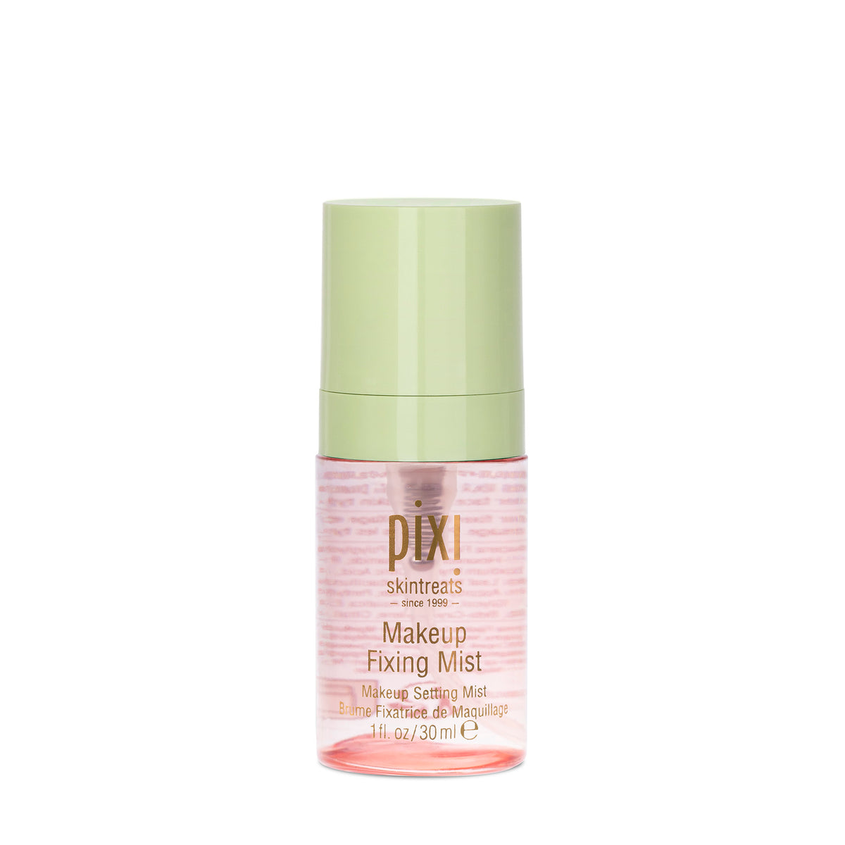 Pixi Skintreats Makeup Fixing Mist in a 30 ml clear bottle with a light green cap, shown on a solid white background.