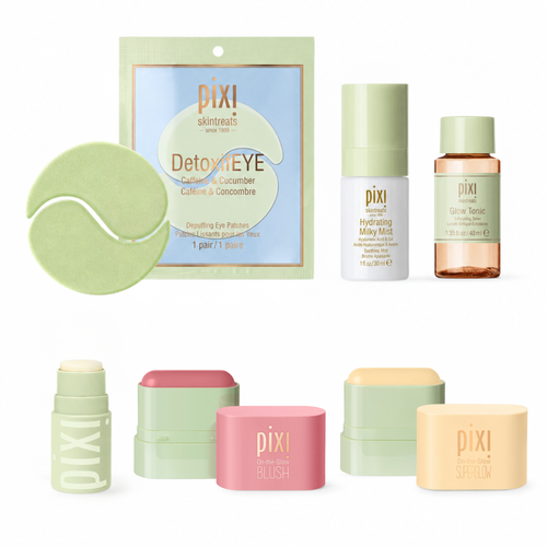 Pixi skincare beauty set featuring DetoxiEYE eye patches, Hydrating Milky Mist, Glow Tonic, and three lip products in pastel green, pink, and yellow packaging on a white background. view 1